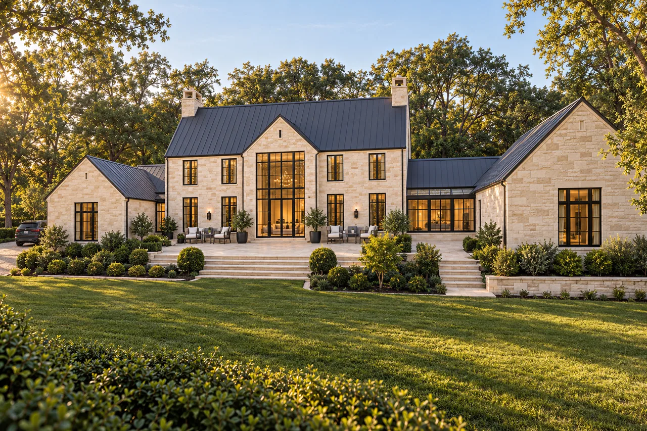 The Ridge House, a limestone model home, shown with the facade and light chosen above